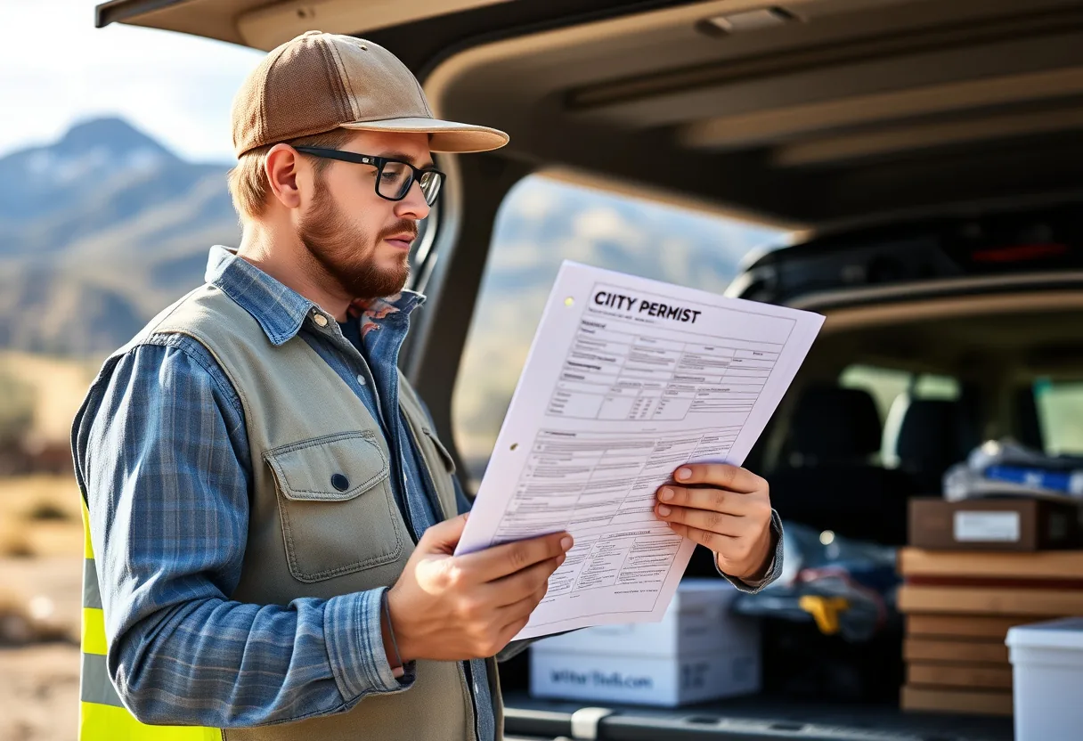 A Colorado contractor reviewing permit and license paperwork on a clipboard at a Front Range jobsite with the Rocky Mountains behind