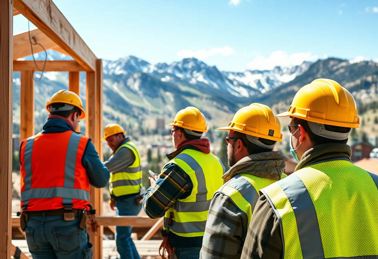 A Colorado construction crew in hard hats and safety vests working safely on a framed structure at a jobsite