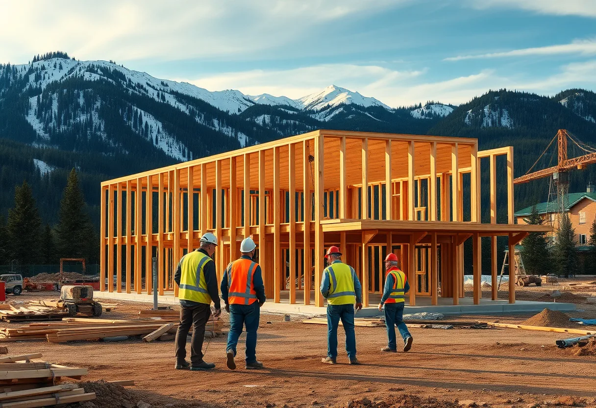 Colorado construction crew framing a building on a Front Range jobsite with the snow-capped Rocky Mountains behind them