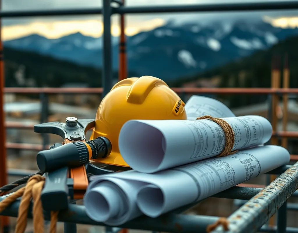 Contractor tools, a hard hat and blueprints on a Colorado jobsite with mountains in the distance